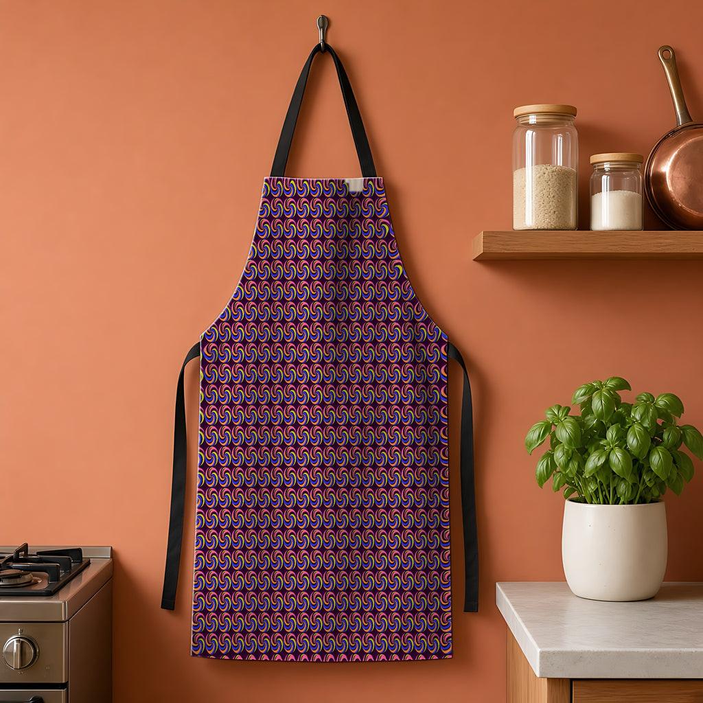 Spiral Stripe Swirls Apron hanging on a terracotta kitchen wall