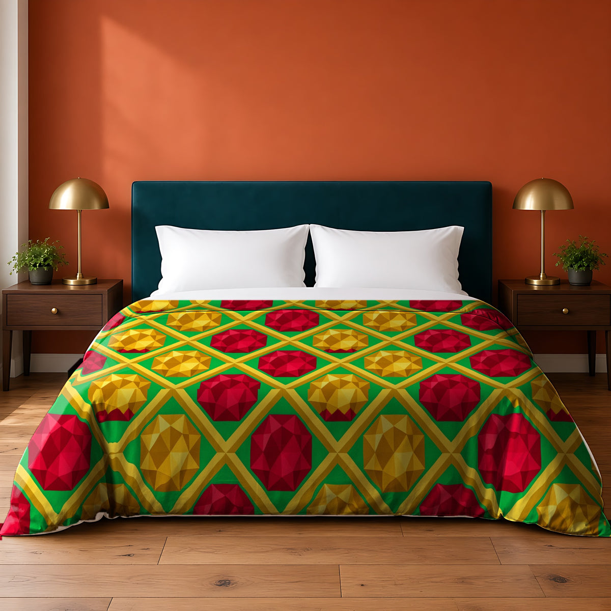 Giant Prism Diamond Lattice cotton duvet cover in the Christmas Jewel Bright palette, on a bed with a teal headboard against a terracotta wall