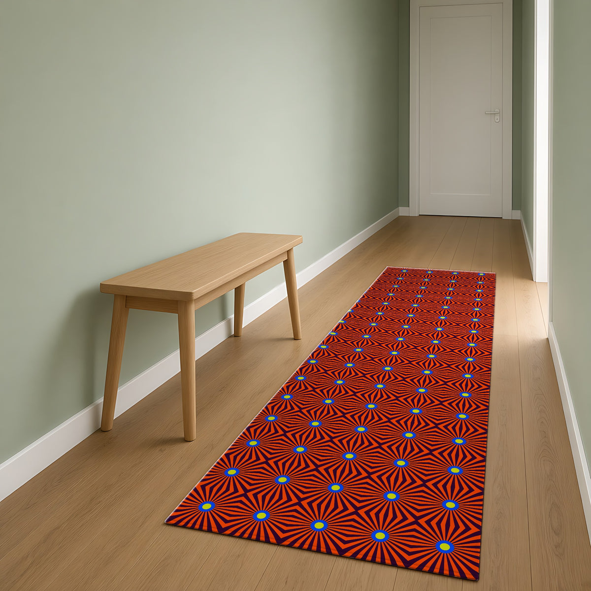 Starburst Stripes Outdoor Rug as a runner in a sage-green hallway