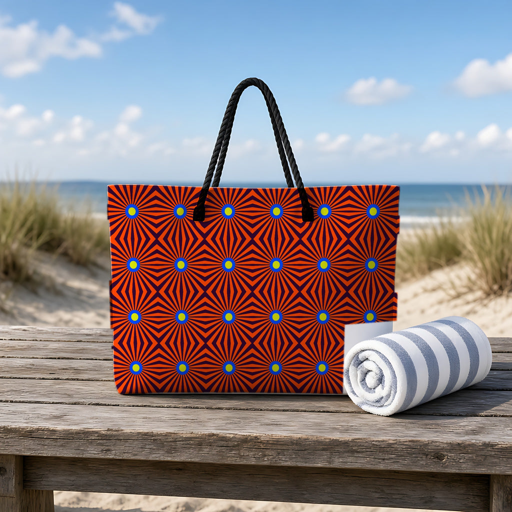 Starburst Stripes Weekender Tote Bag on a rustic table by the beach