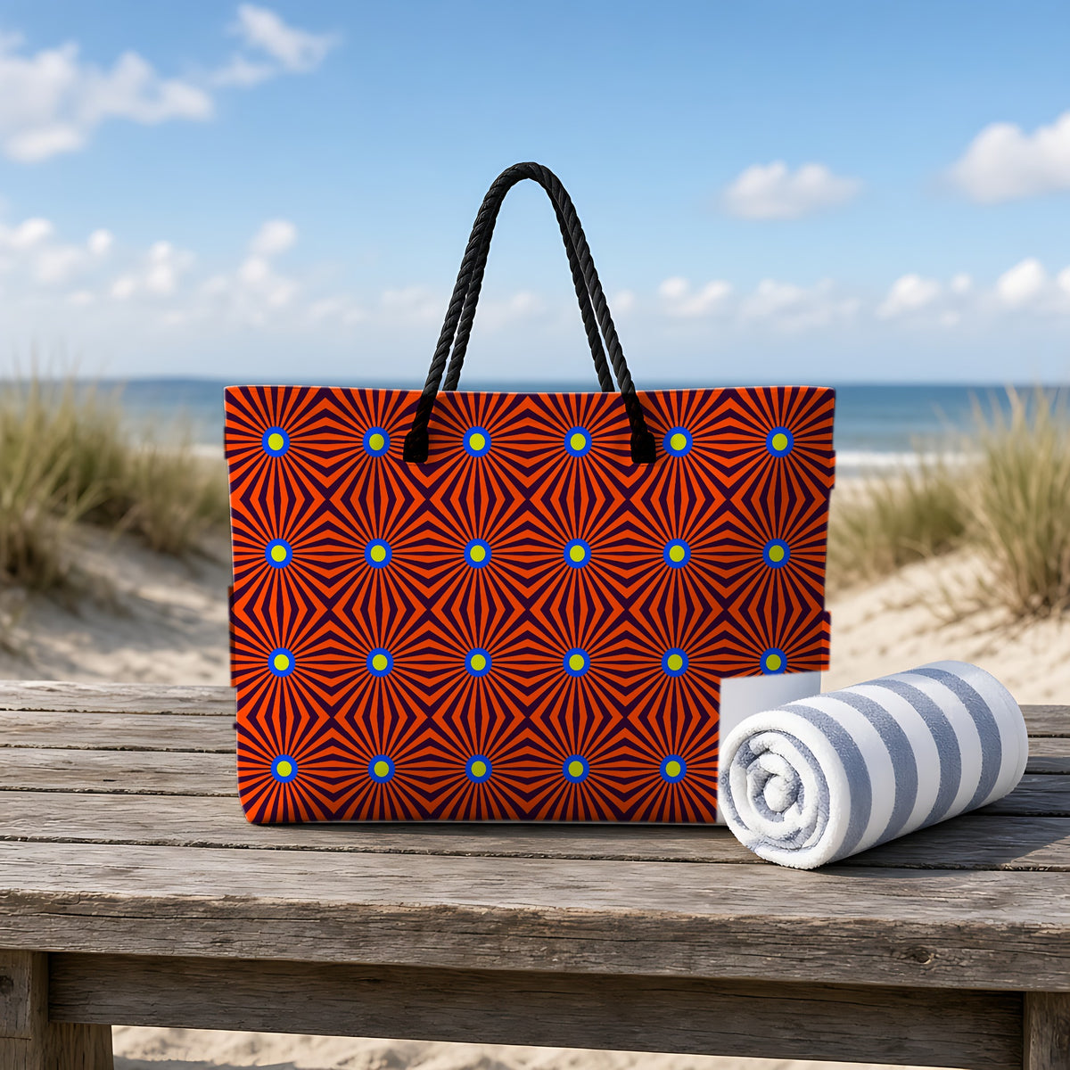 Starburst Stripes Weekender Tote Bag on a rustic table by the beach