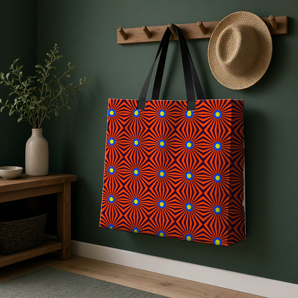 Starburst Stripes Weekender Tote Bag hanging on a peg rail in a green hallway