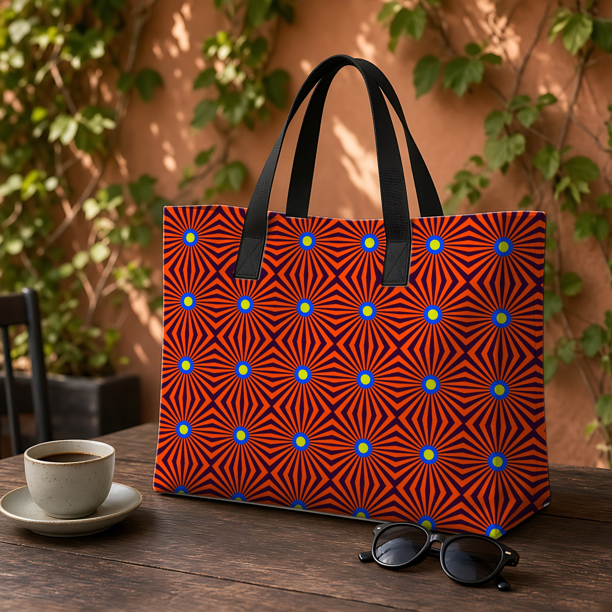 Starburst Stripes Weekender Tote Bag on a garden café table