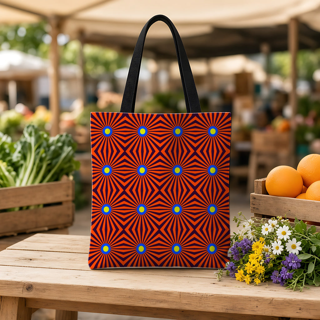 Starburst Stripes Weekender Tote Bag on a wooden bench at a farmers market