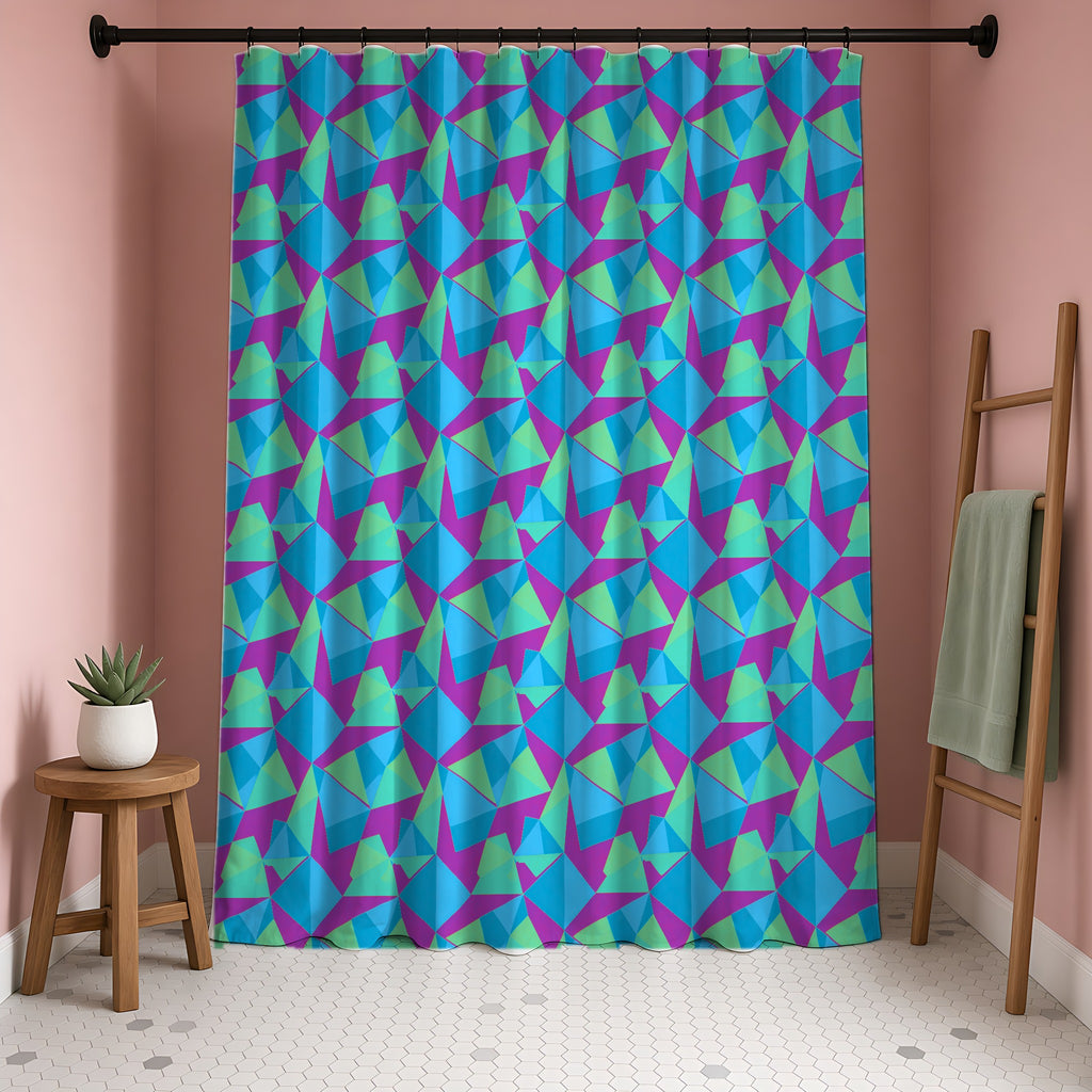 Faceted Panels Shower Curtain in a blush-pink bathroom