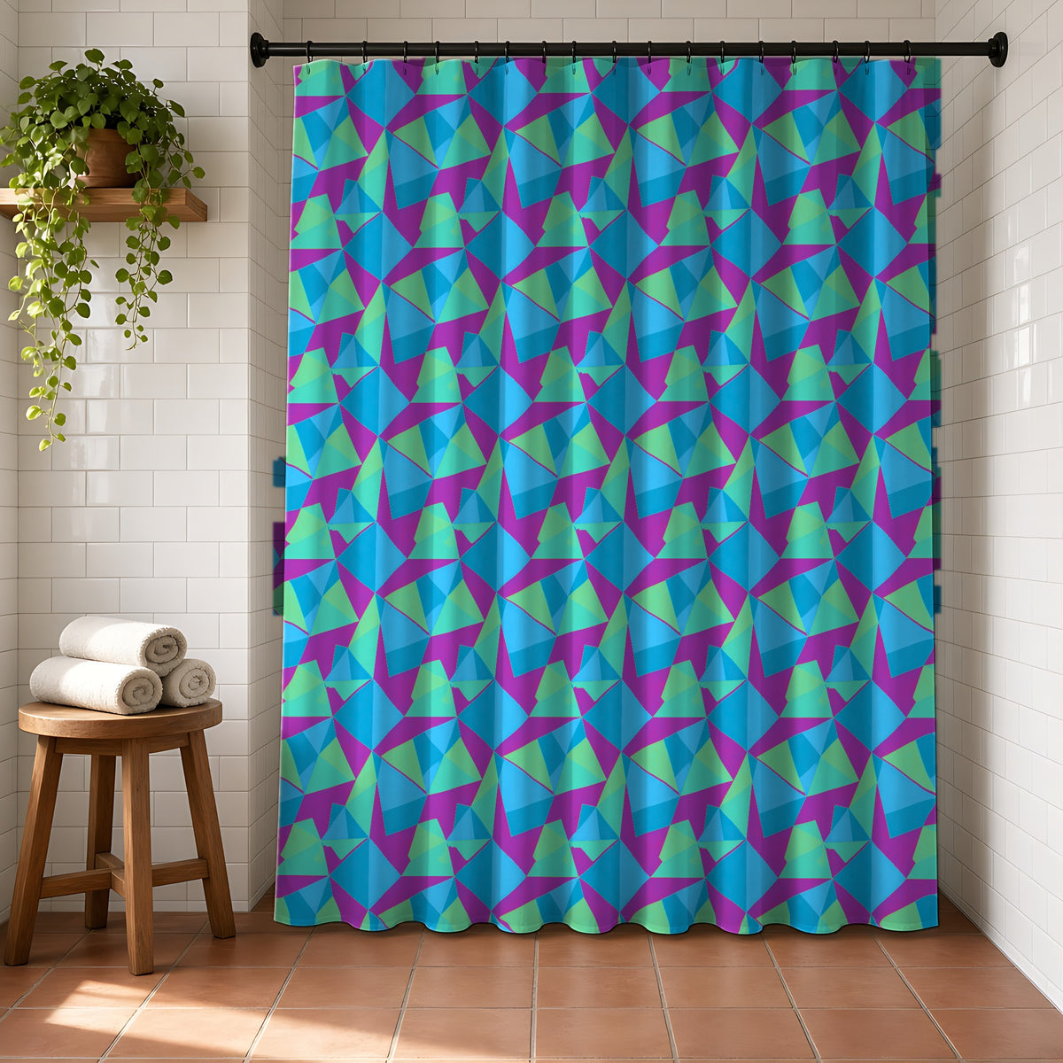 Faceted Panels Shower Curtain in a bright bathroom with white tiles and a terracotta floor