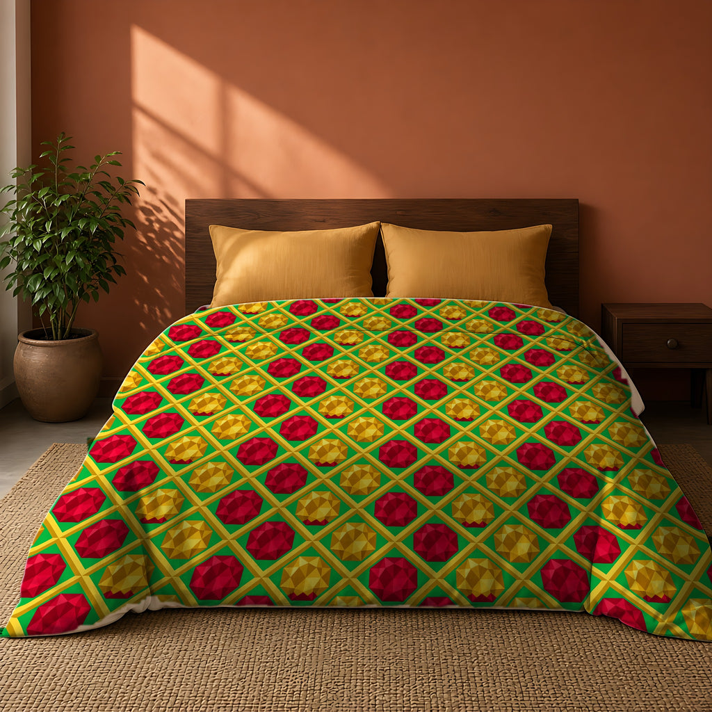 Giant Prism Diamond Lattice Comforter on a king bed against a warm terracotta wall