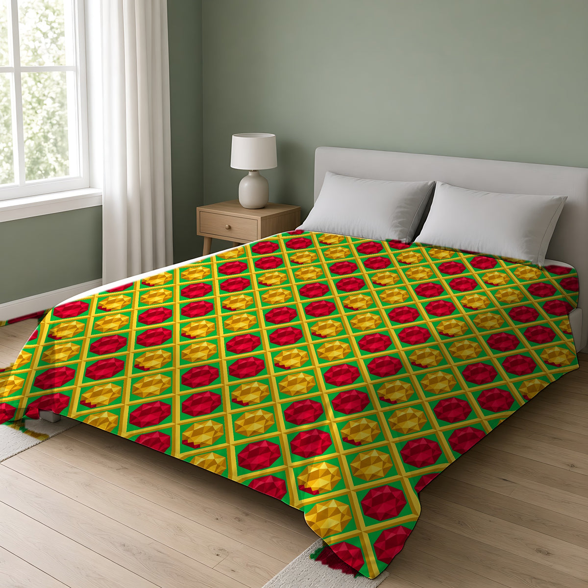 Giant Prism Diamond Lattice Comforter on a double bed in a bright sage-green bedroom