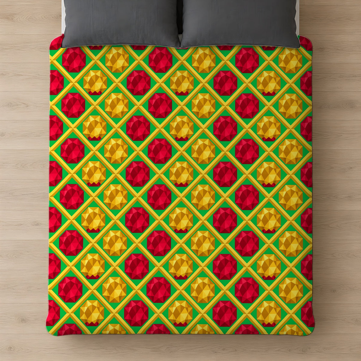 Giant Prism Diamond Lattice Comforter on a bed, seen from above
