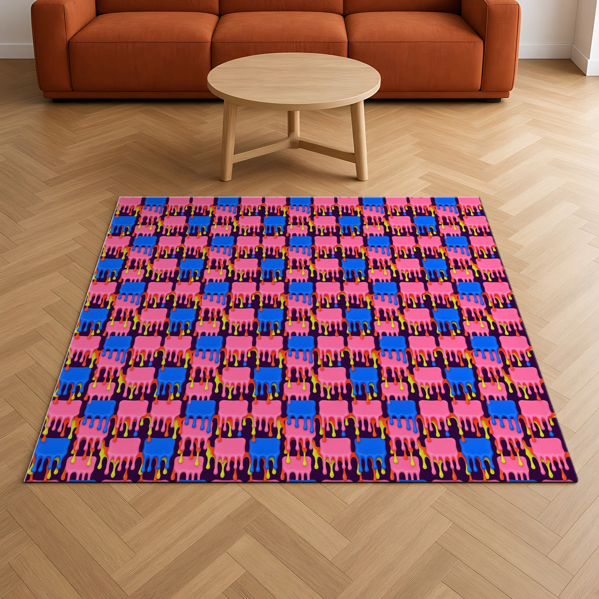 Melting Checkerboard Outdoor Rug on a herringbone wood floor in a living room