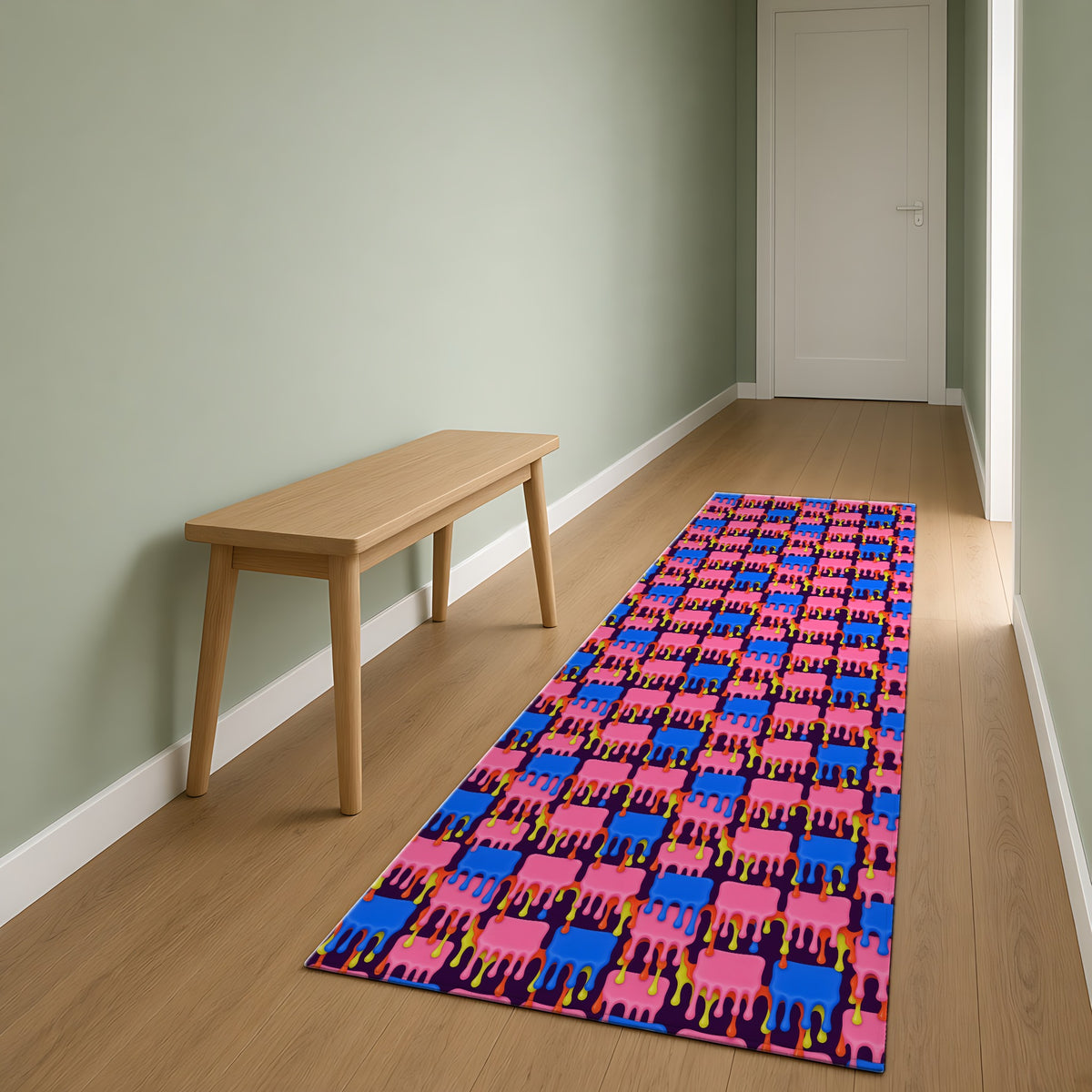Melting Checkerboard Outdoor Rug as a runner in a sage-green hallway
