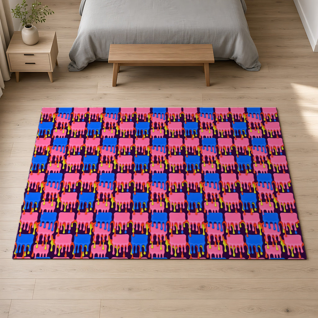 Melting Checkerboard Outdoor Rug on a pale oak floor in a calm bedroom