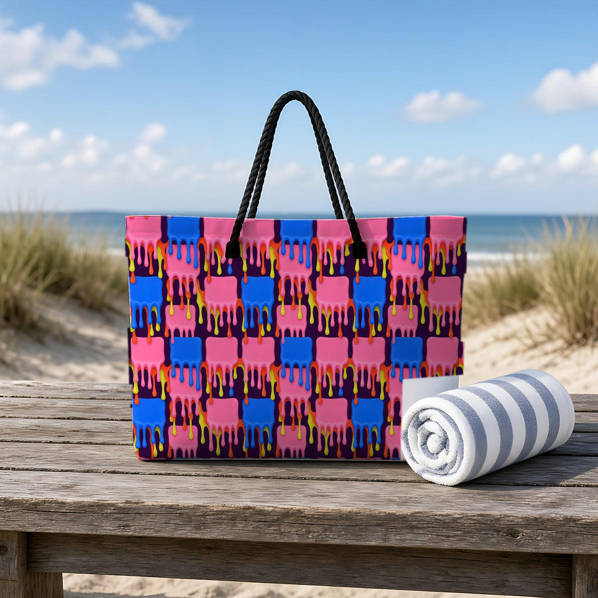 Melting Checkerboard Weekender Tote Bag on a rustic table by the beach