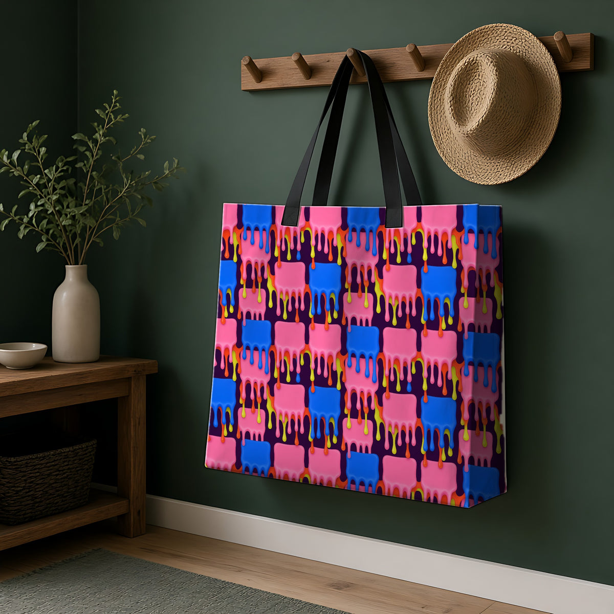 Melting Checkerboard Weekender Tote Bag hanging on a peg rail in a green hallway