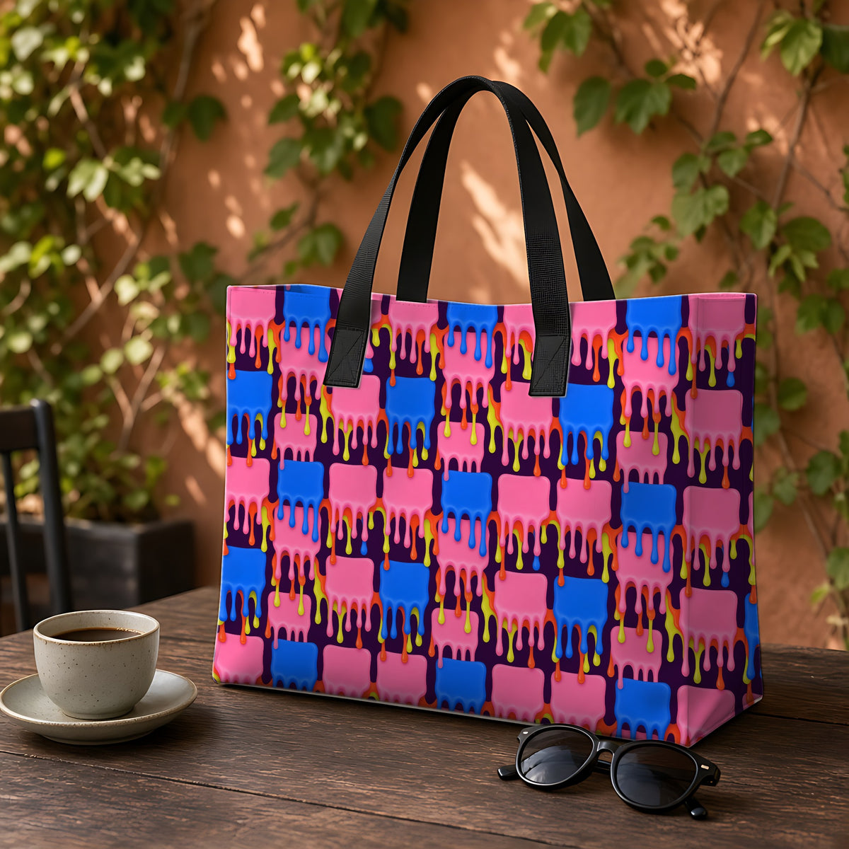 Melting Checkerboard Weekender Tote Bag on a garden café table