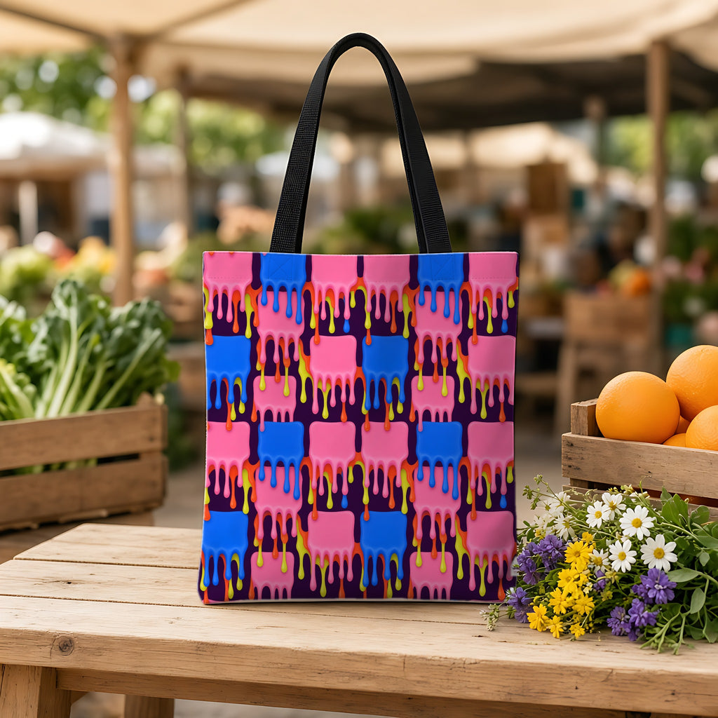 Melting Checkerboard Weekender Tote Bag on a wooden bench at a farmers market