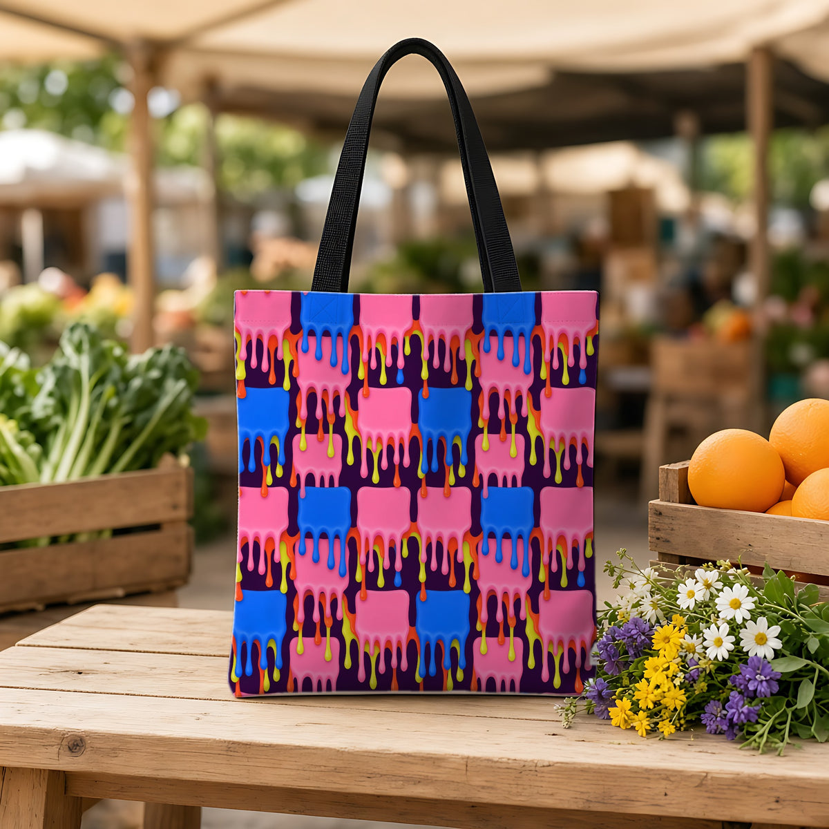 Melting Checkerboard Weekender Tote Bag on a wooden bench at a farmers market
