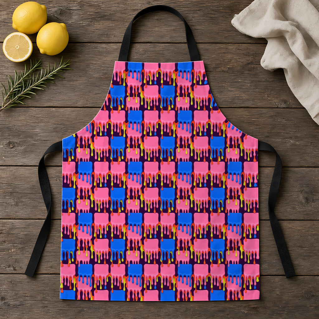 Melting Checkerboard Apron laid flat on a rustic wooden table