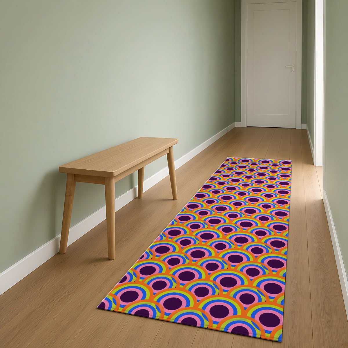 Pop Op Circles Outdoor Rug as a runner in a sage-green hallway