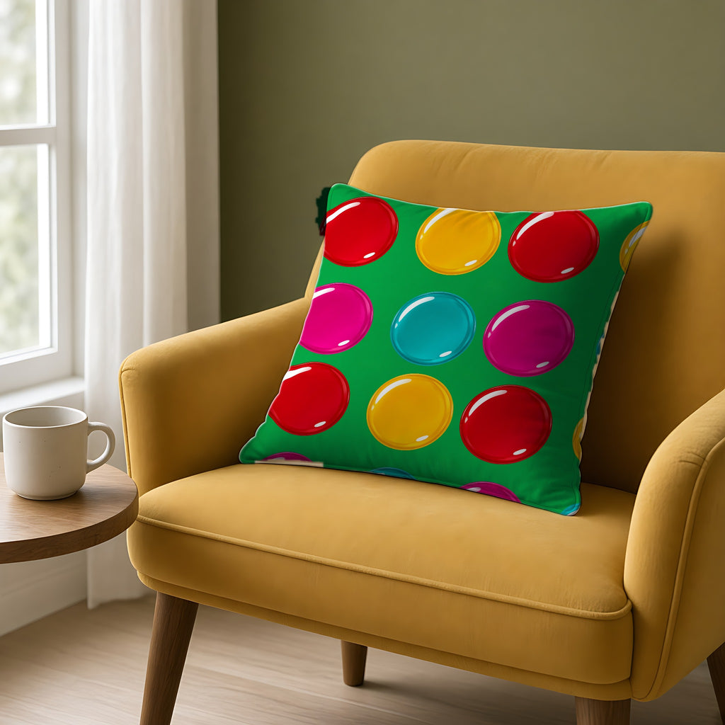 Giant Candy Glass Discs Faux Suede Cushion on a mustard armchair by a window