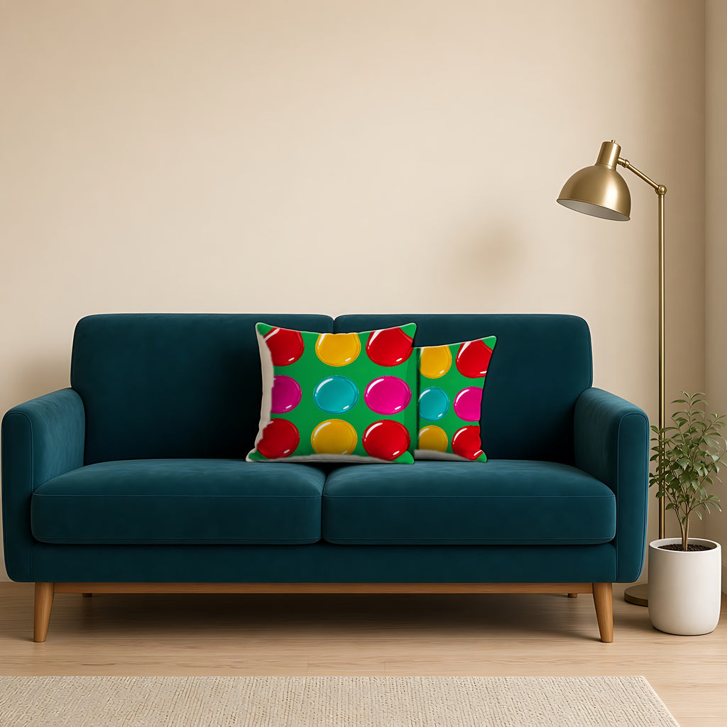 Giant Candy Glass Discs Faux Suede Cushion on a teal velvet sofa