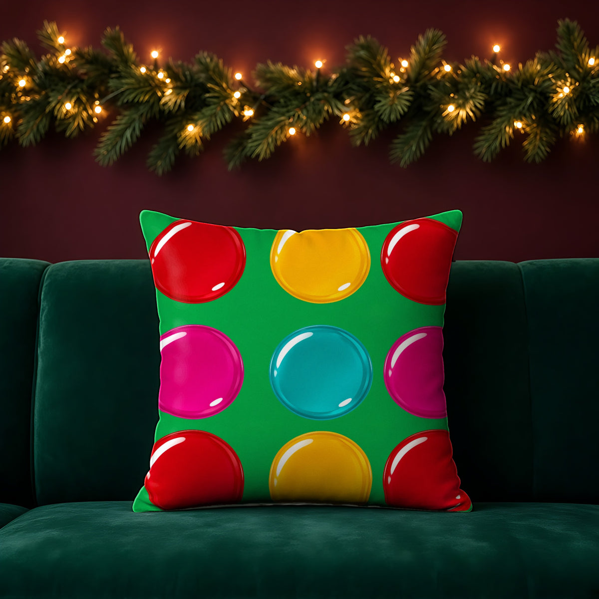 Giant Candy Glass Discs faux suede cushion in the Christmas Jewel Bright palette, on an emerald sofa in a festive room with a garland and fairy lights