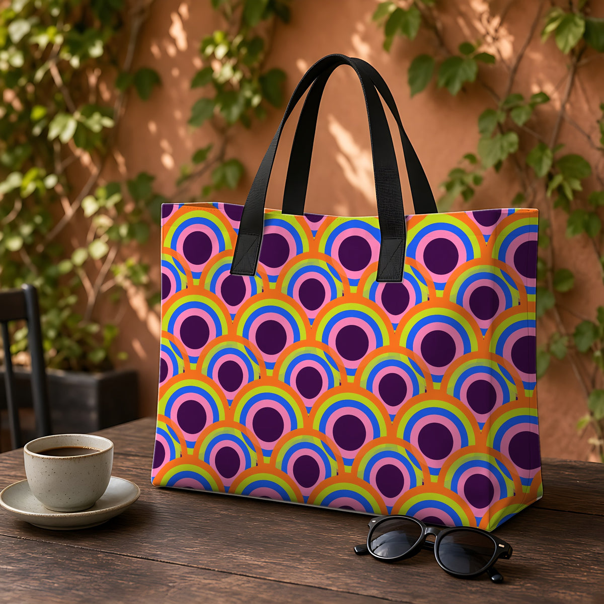 Pop Op Circles Weekender Tote Bag on a garden café table