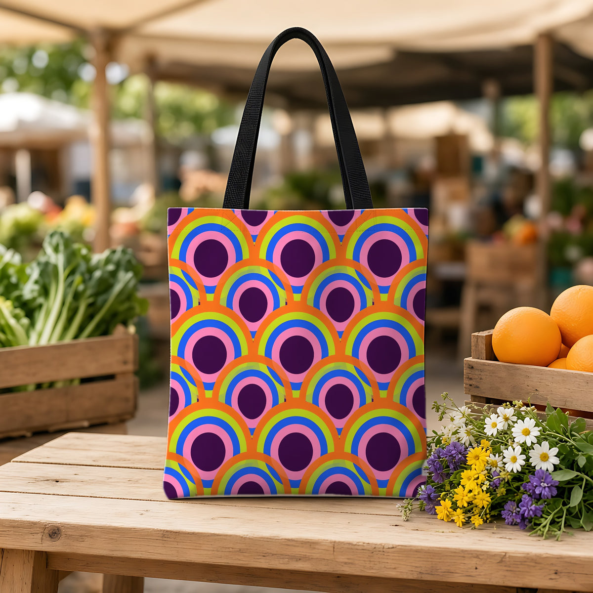 Pop Op Circles Weekender Tote Bag on a wooden bench at a farmers market