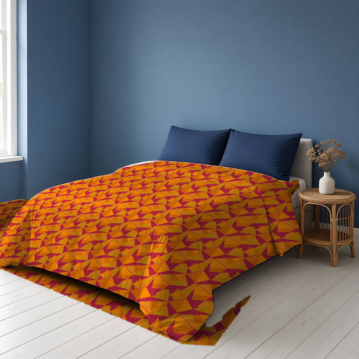 Faceted Gold Panels Comforter on a bed in a Scandinavian blue bedroom