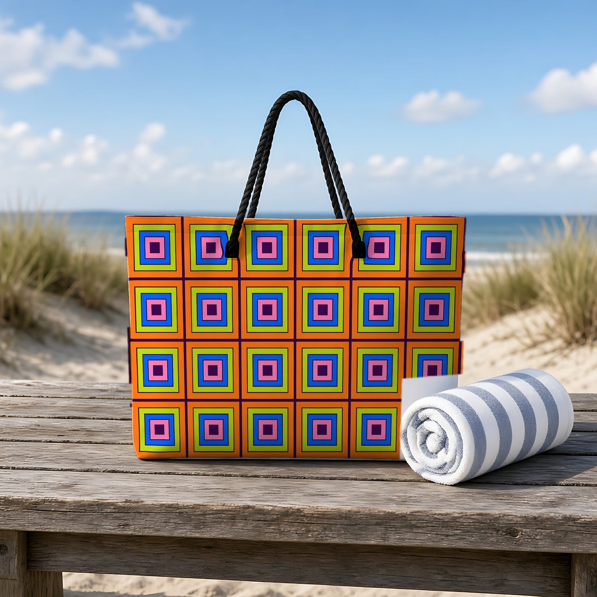 Concentric Square Pop Weekender Tote Bag on a rustic table by the beach