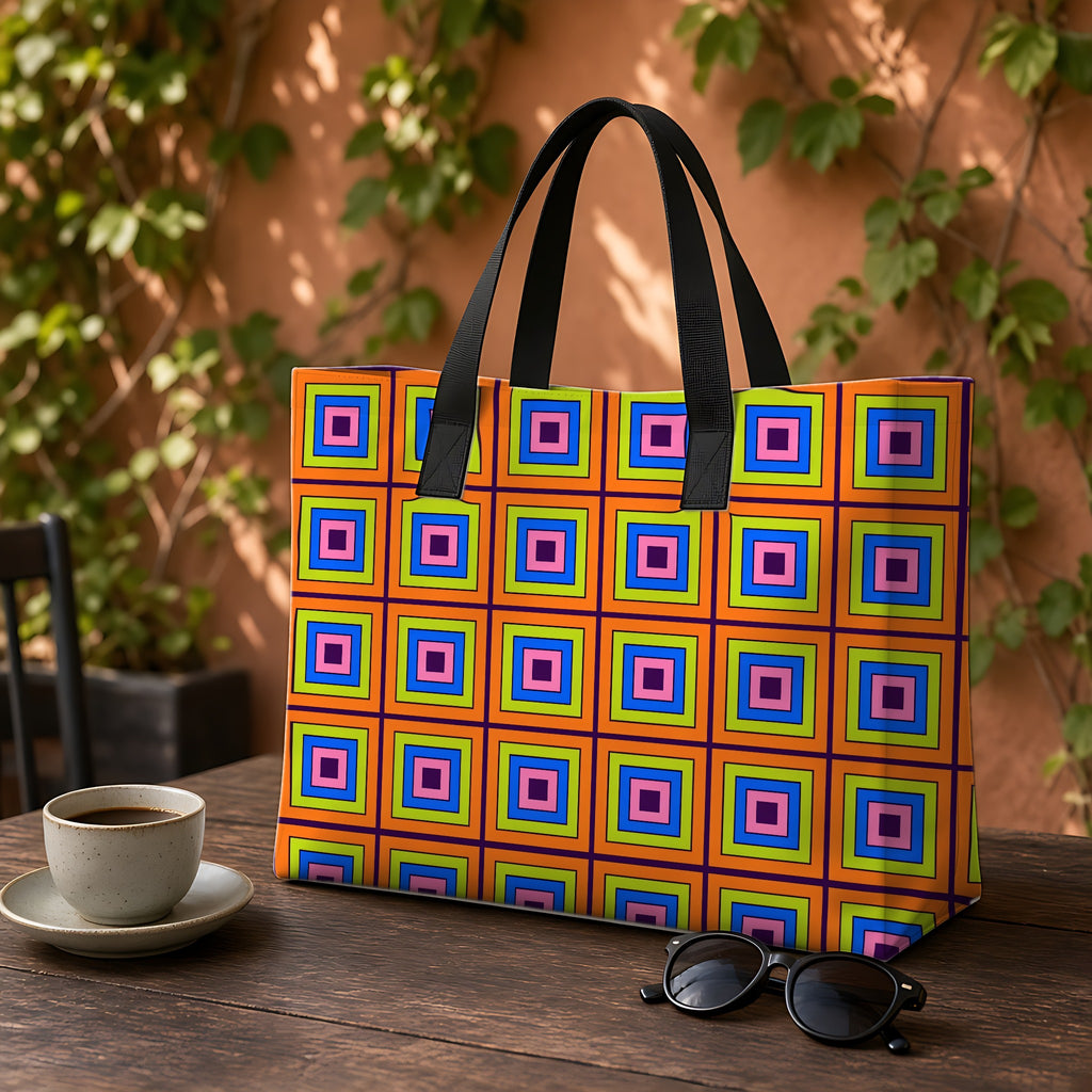 Concentric Square Pop Weekender Tote Bag on a garden café table