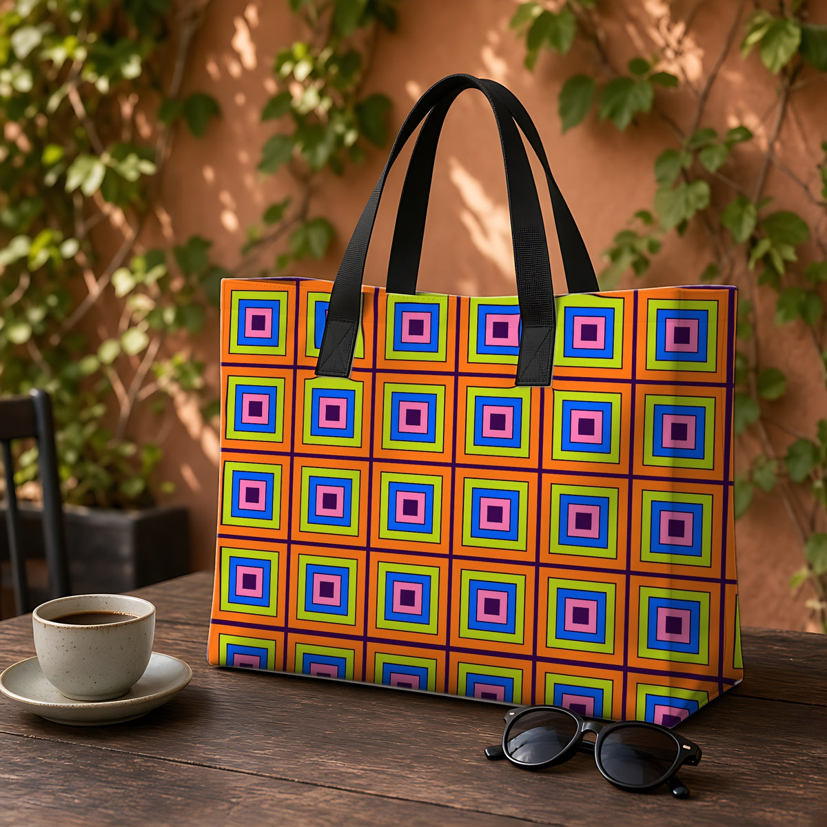 Concentric Square Pop Weekender Tote Bag on a garden café table