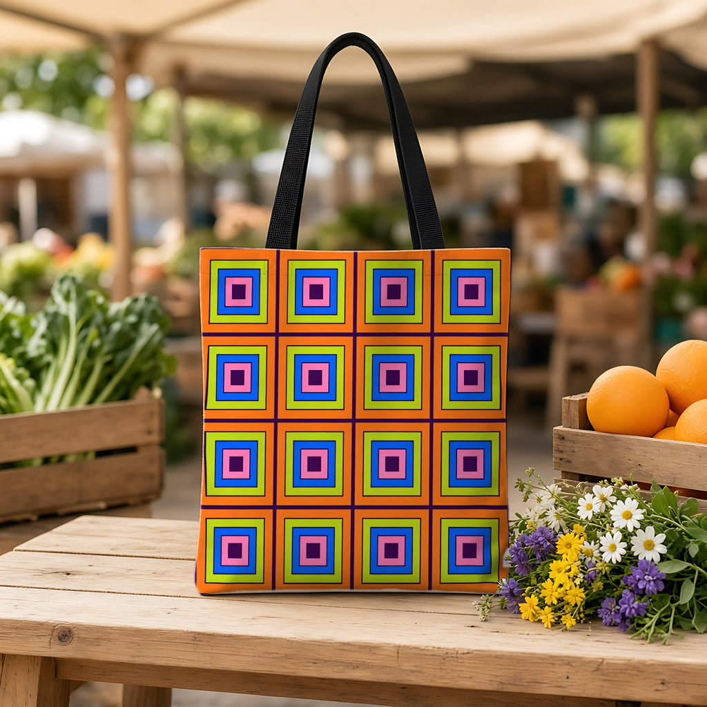 Concentric Square Pop Weekender Tote Bag on a wooden bench at a farmers market