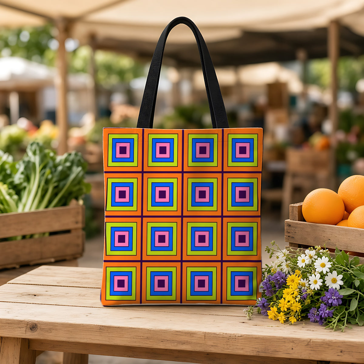 Concentric Square Pop Weekender Tote Bag on a wooden bench at a farmers market