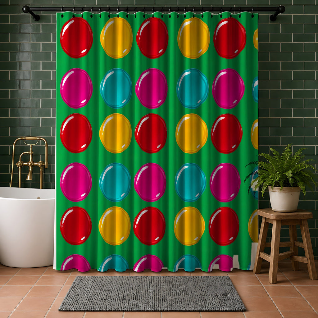 Giant Candy Glass Discs Shower Curtain in a bathroom with dark green tiles