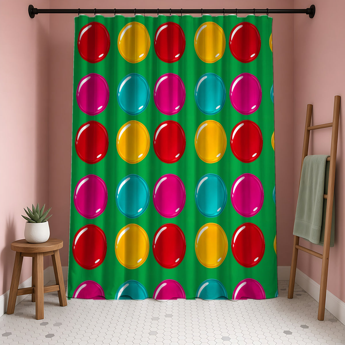 Giant Candy Glass Discs Shower Curtain in a blush-pink bathroom