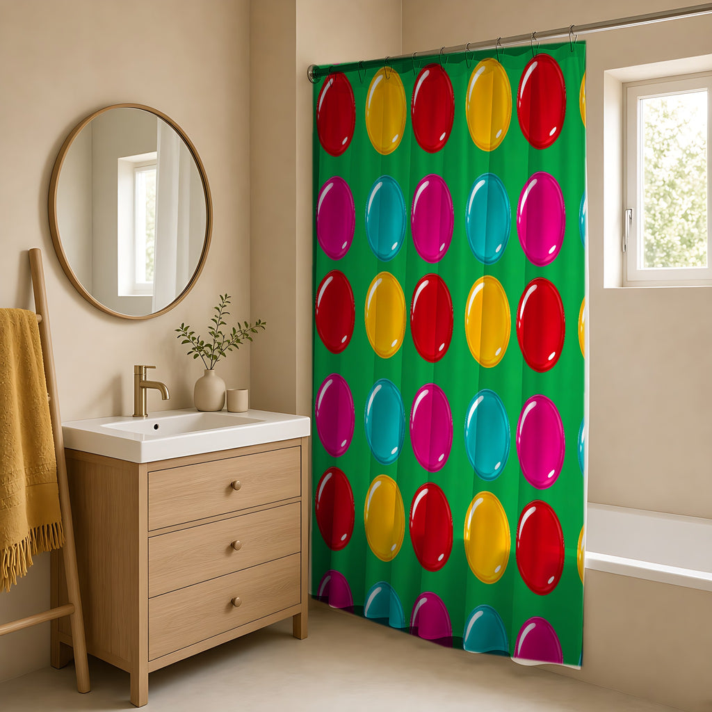 Giant Candy Glass Discs Shower Curtain in a warm neutral bathroom with an oak vanity