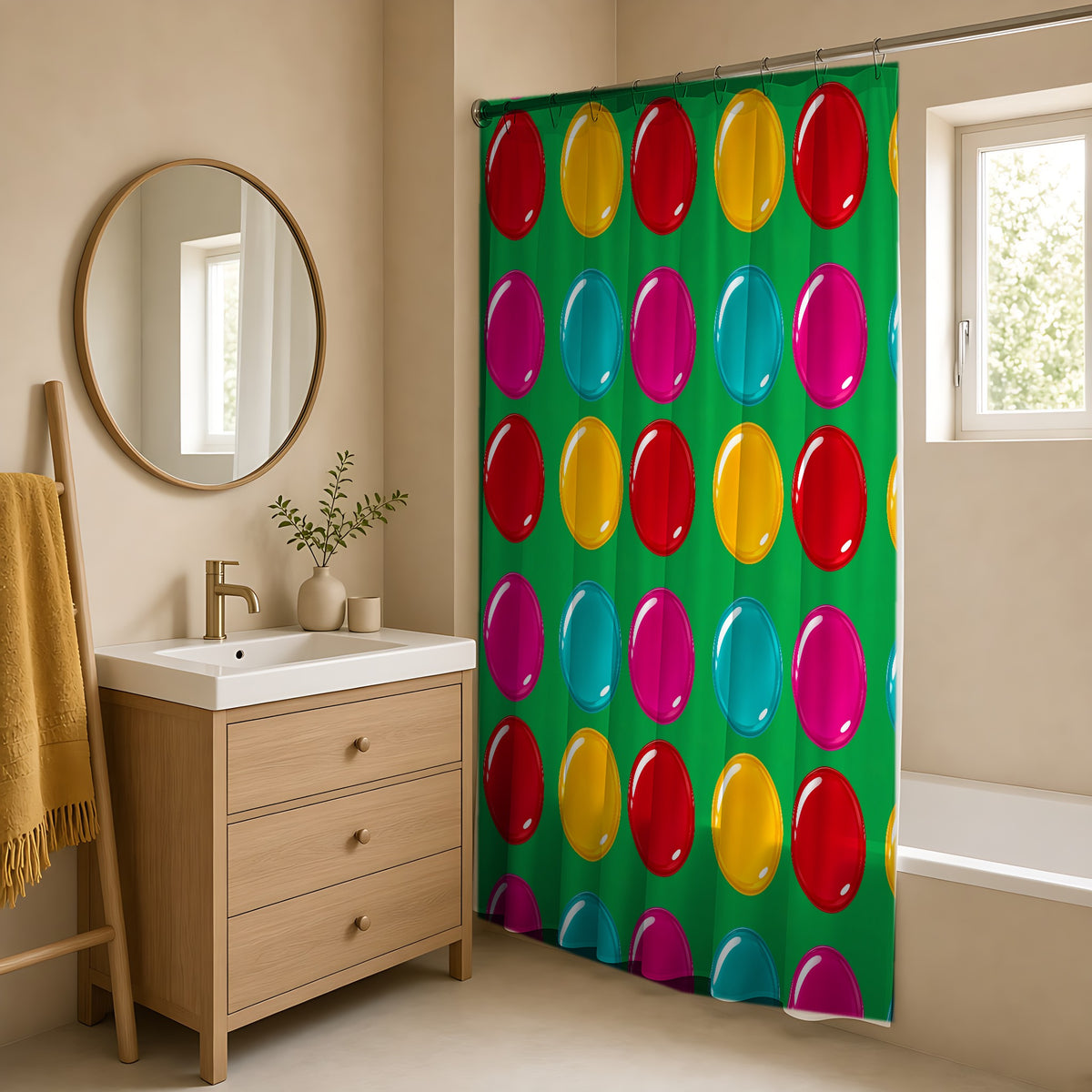 Giant Candy Glass Discs Shower Curtain in a warm neutral bathroom with an oak vanity