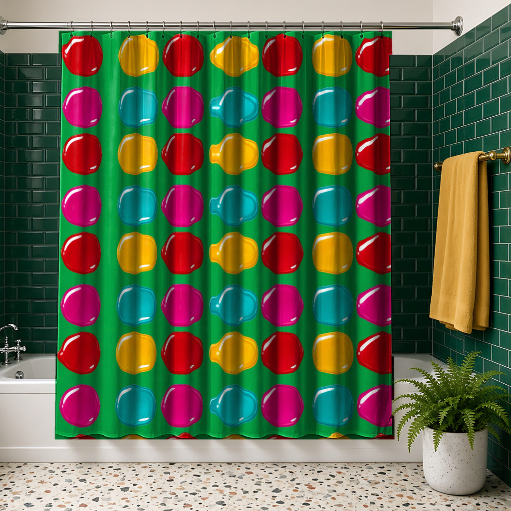Giant Candy Glass Discs shower curtain in the Christmas Jewel Bright palette, hanging in a bathroom with emerald tiles