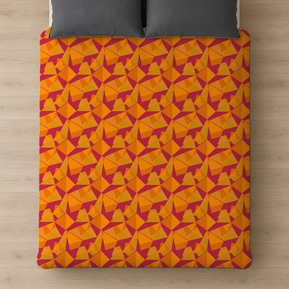 Faceted Gold Panels Cotton Duvet Cover on a bed, seen from above