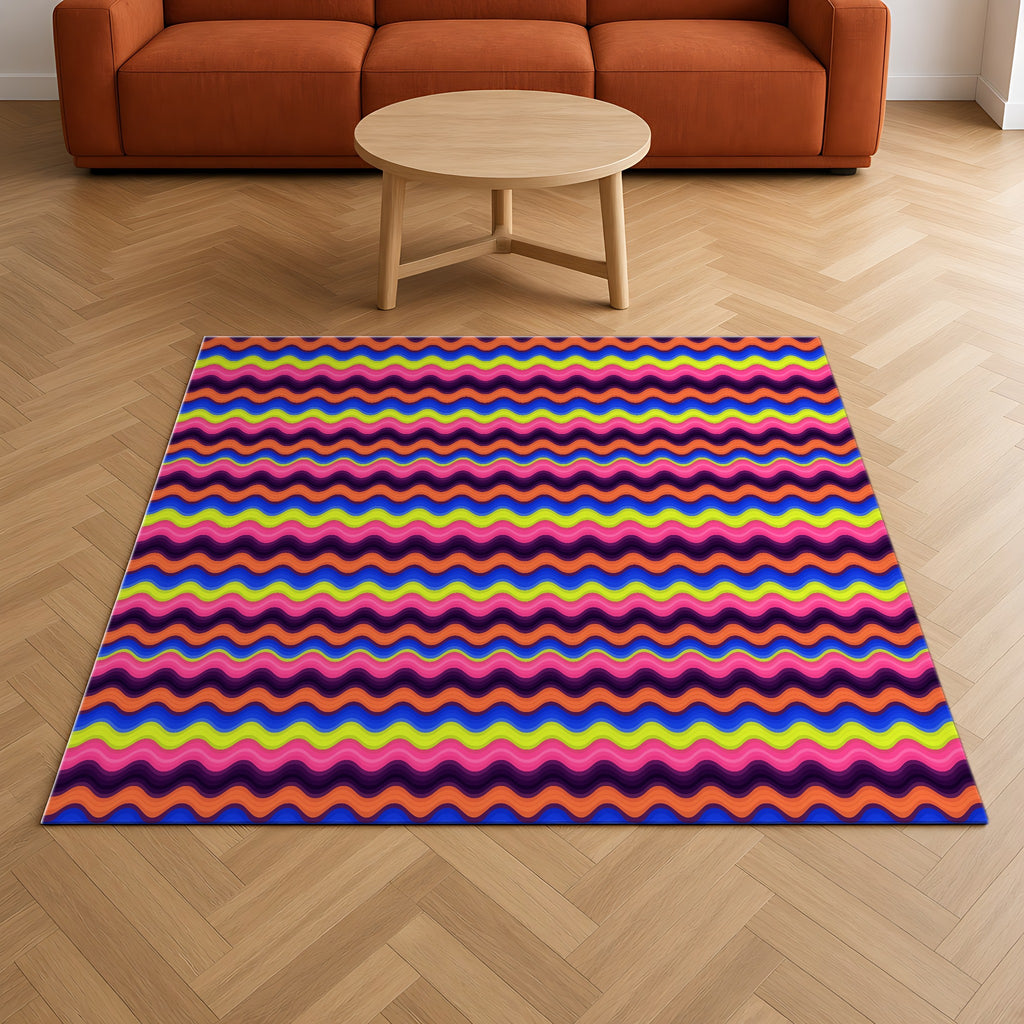 Bold Wave Stripes Outdoor Rug on a herringbone wood floor in a living room