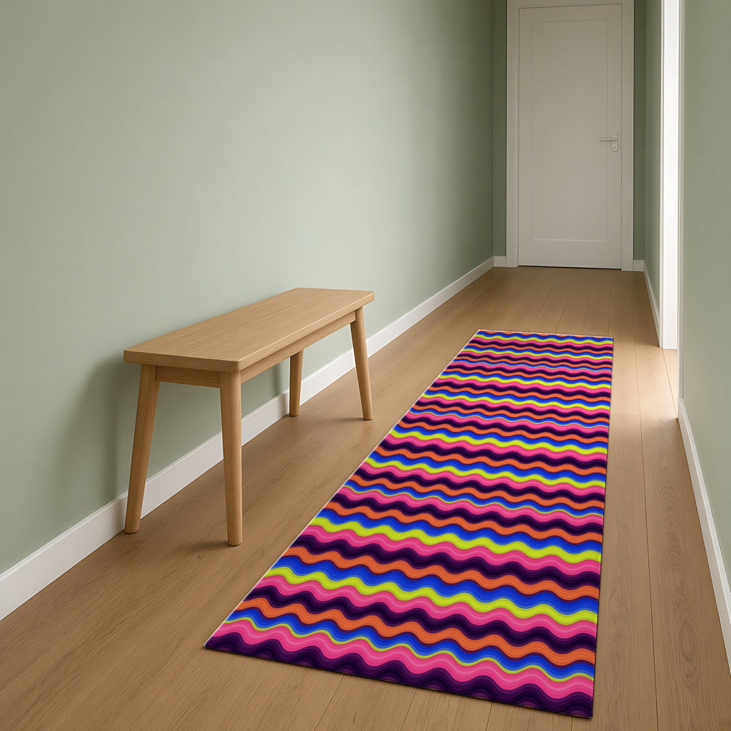 Bold Wave Stripes Outdoor Rug as a runner in a sage-green hallway