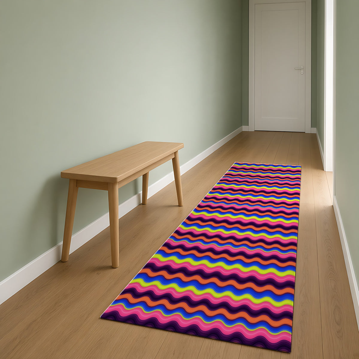 Bold Wave Stripes Outdoor Rug as a runner in a sage-green hallway