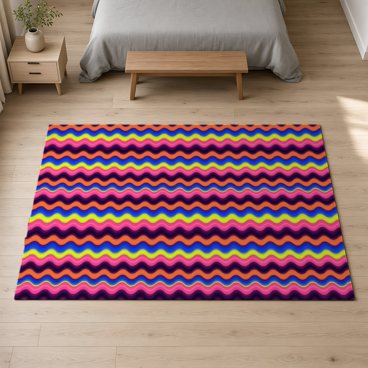 Bold Wave Stripes Outdoor Rug on a pale oak floor in a calm bedroom