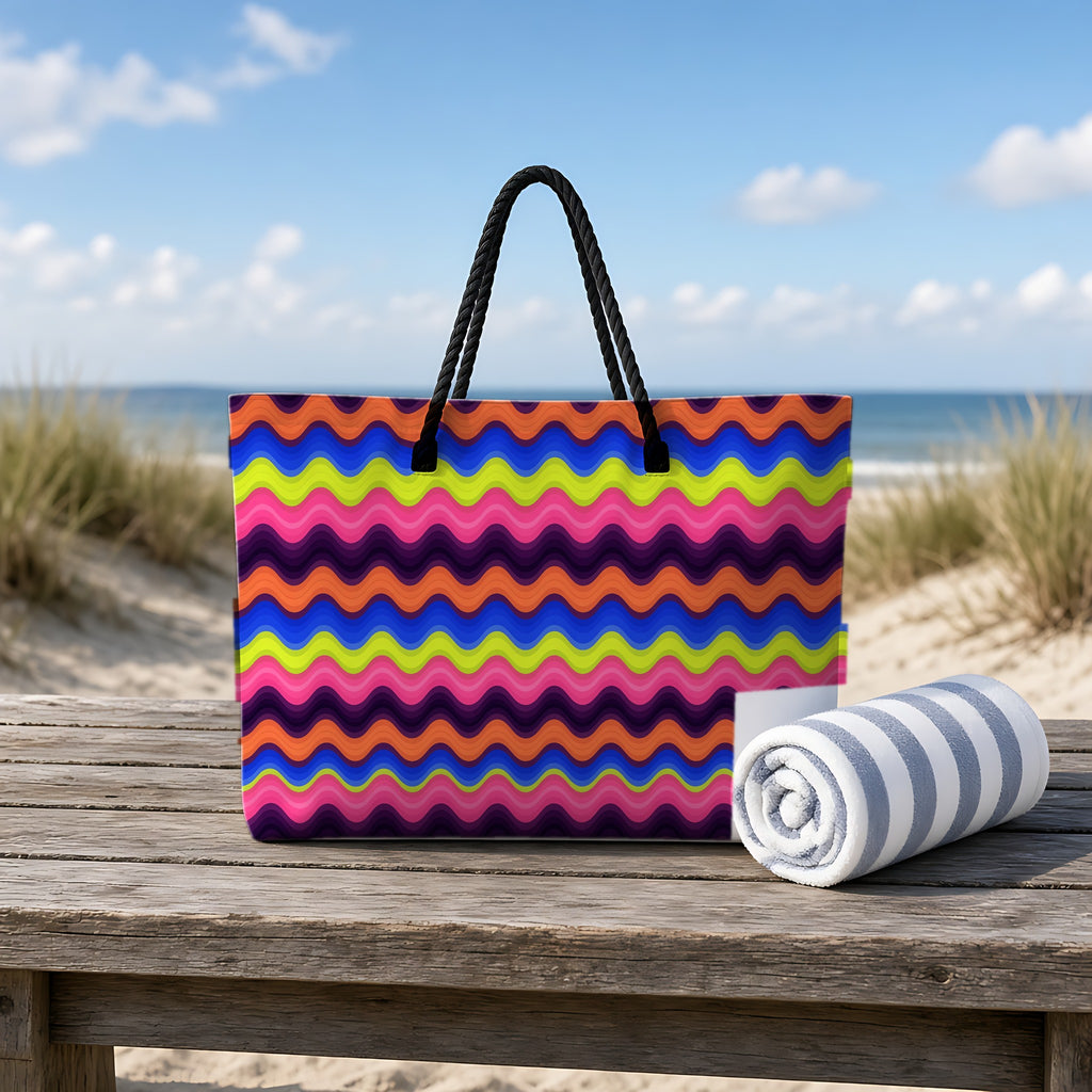 Bold Wave Stripes Weekender Tote Bag on a rustic table by the beach