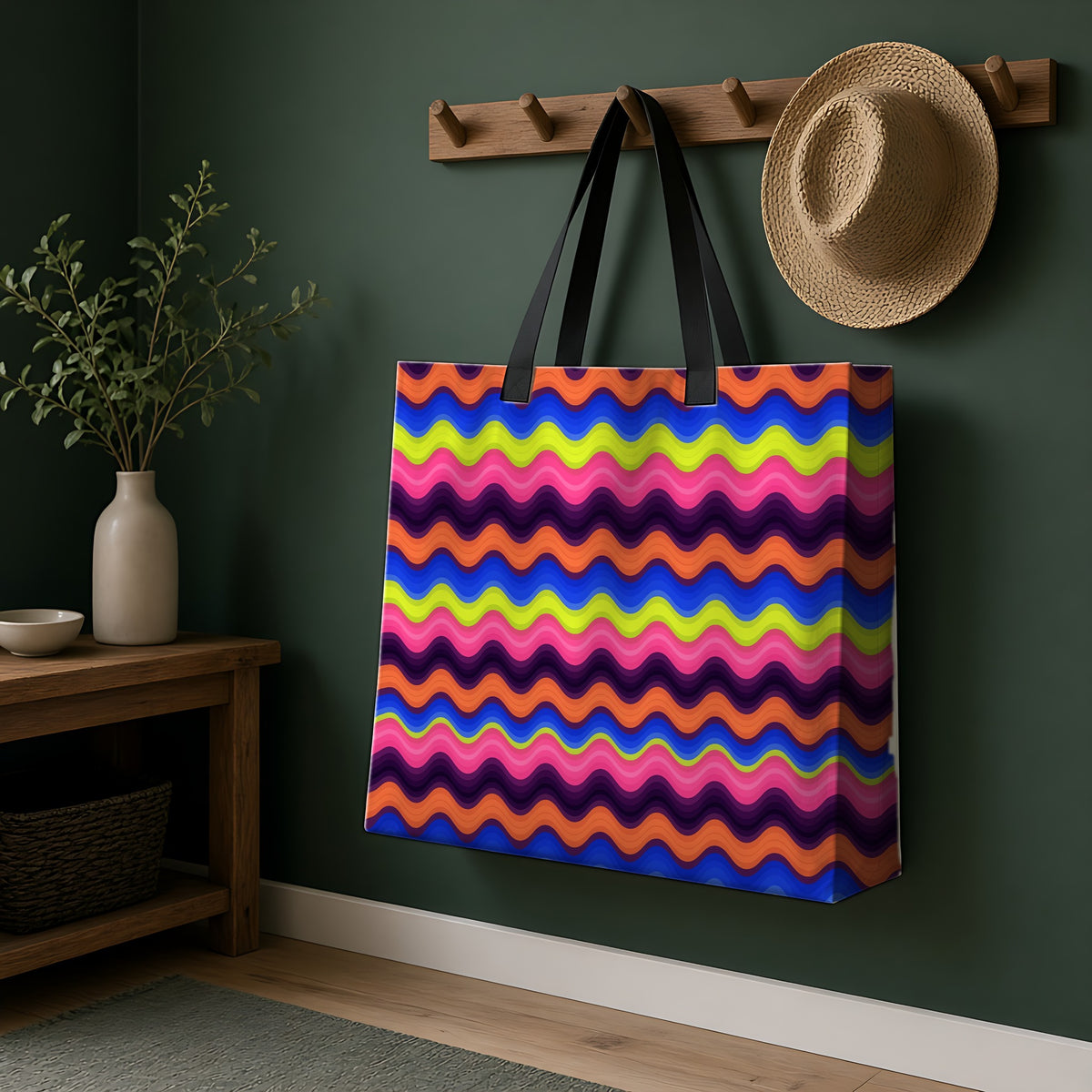 Bold Wave Stripes Weekender Tote Bag hanging on a peg rail in a green hallway