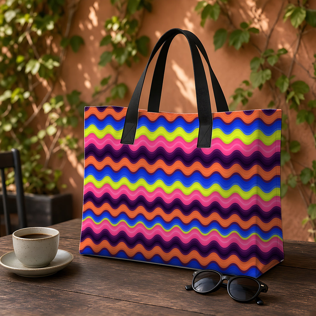 Bold Wave Stripes Weekender Tote Bag on a garden café table
