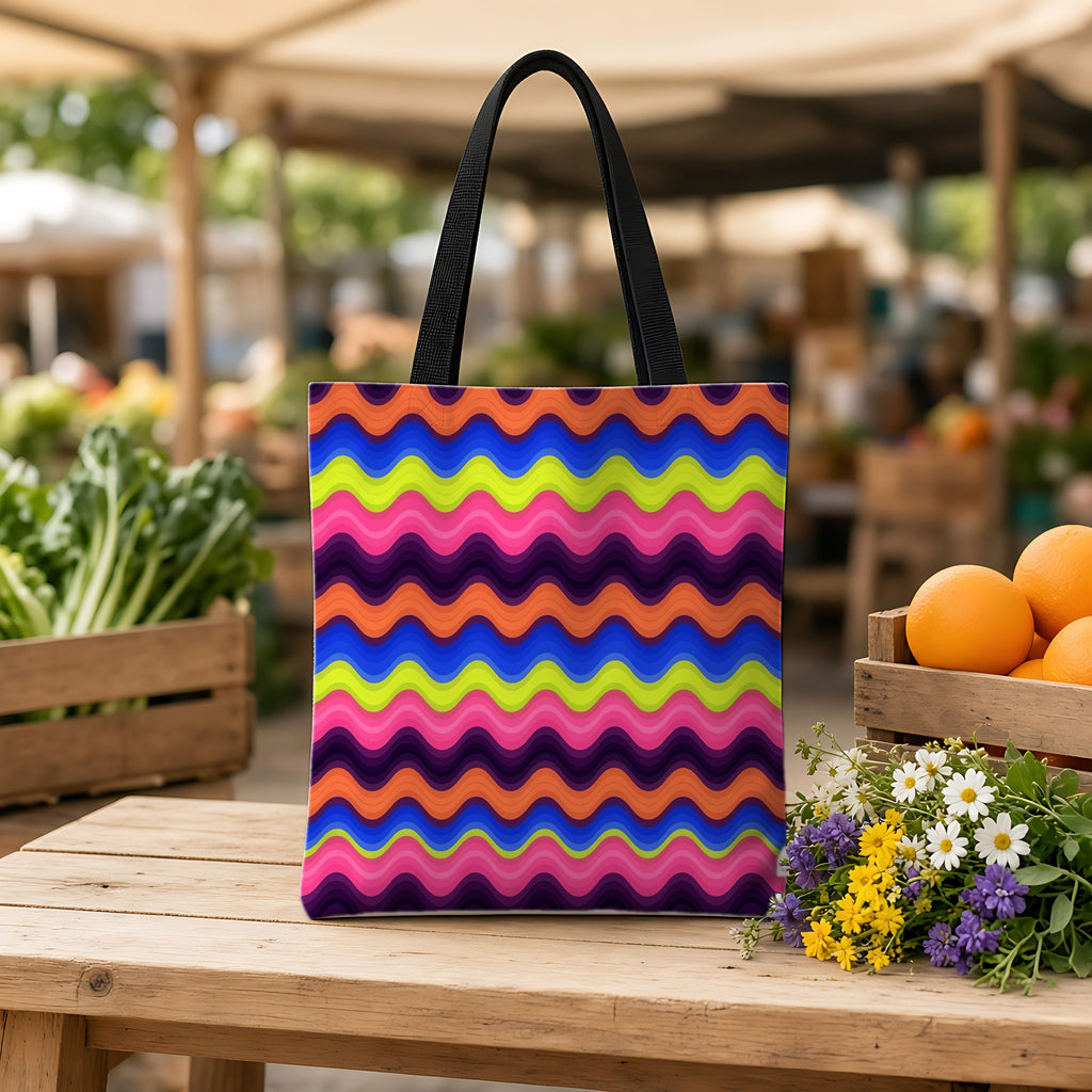 Bold Wave Stripes Weekender Tote Bag on a wooden bench at a farmers market
