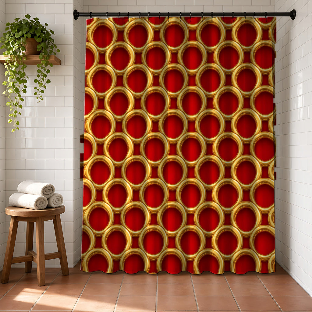 Big Gold Ring Weave Shower Curtain in a bright bathroom with white tiles and a terracotta floor