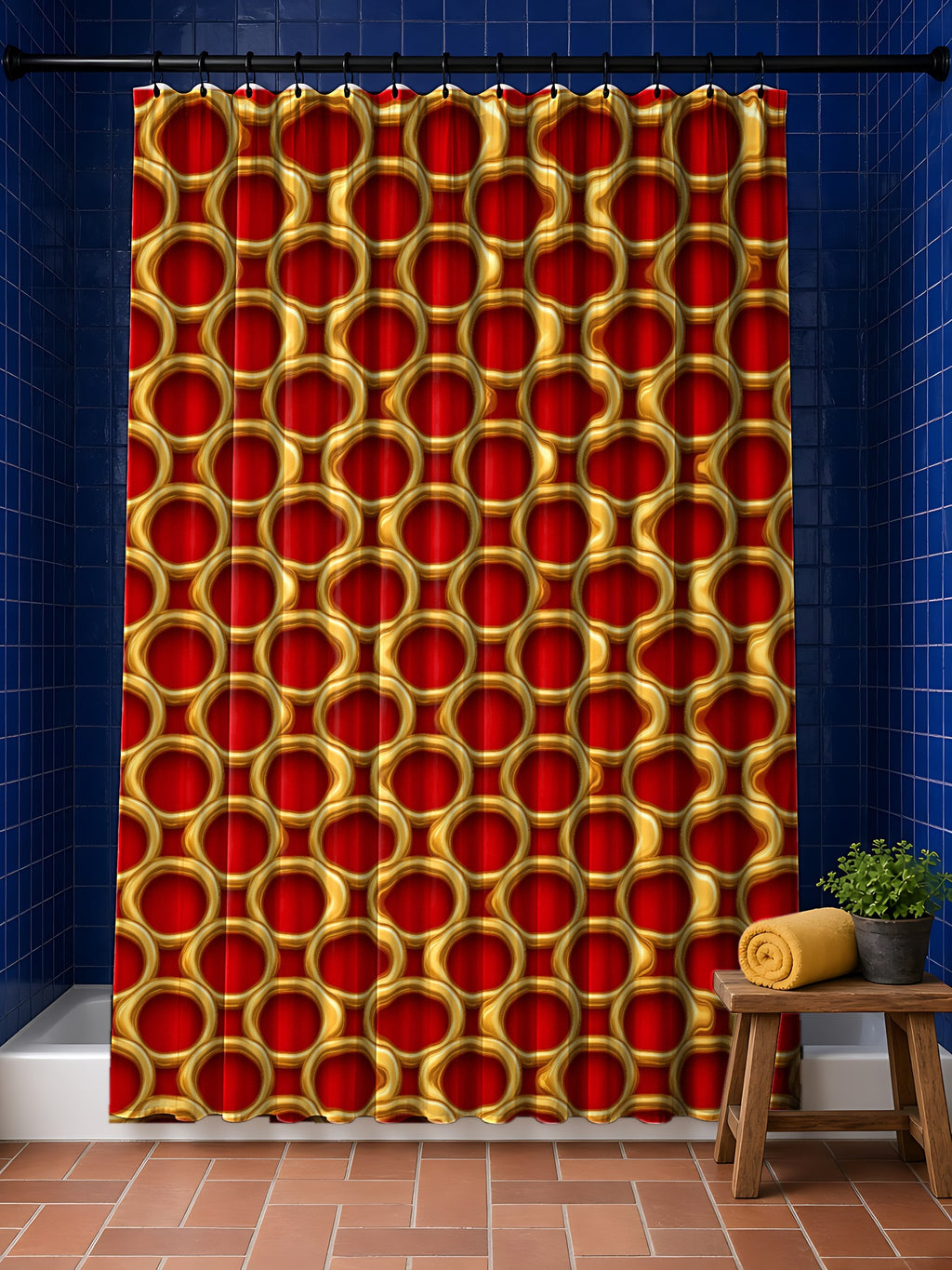 Big Gold Ring Weave shower curtain in the Christmas Jewel Bright palette, hanging in a bathroom with cobalt tiles and a terracotta floor